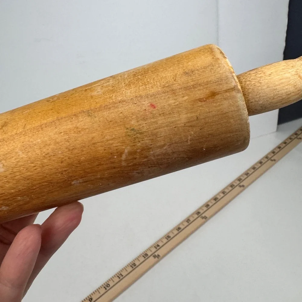 Vtg Wooden Rolling Pin w Handles tan cook baking Rustic Cottagecore grannycore